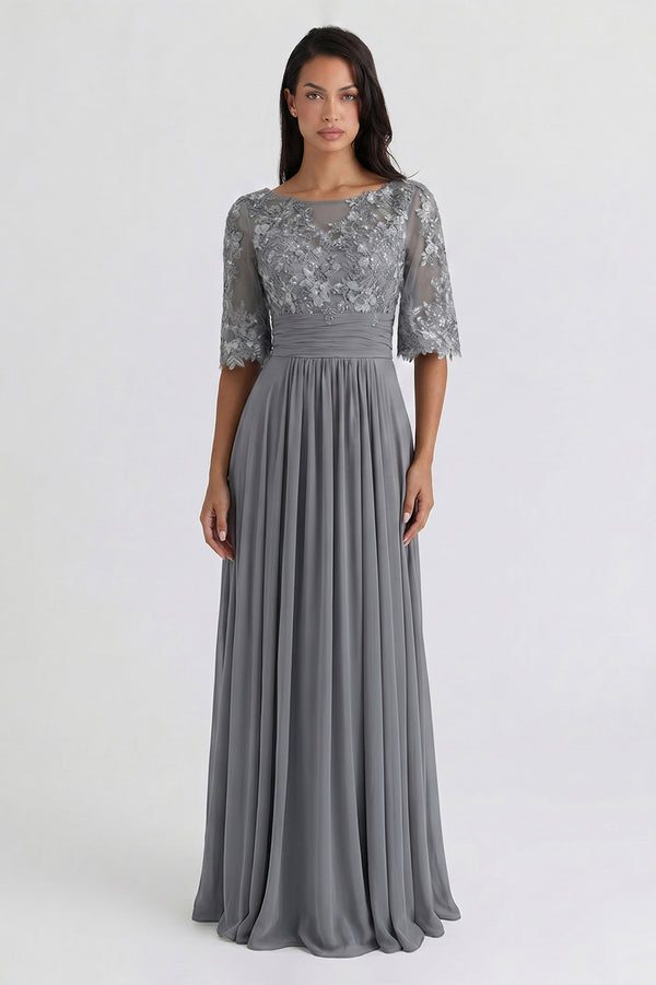 Bell-Sleeve Chiffon Mother of the Bride Dress with Lace Bodice