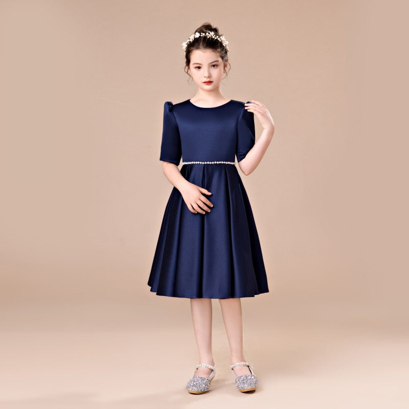 Short Sleeved Satin Modest Tea Length Dark Navy Flower Girl Dress