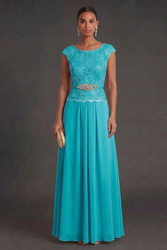 Aquamarine Chiffon A-Line Mother of the Bride Dress with Lace Bodice
