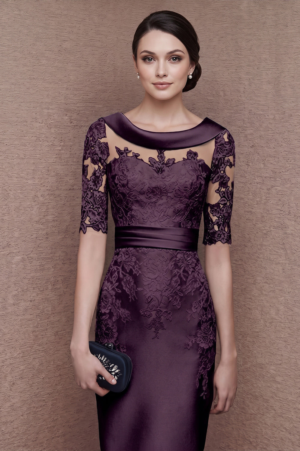 Lace-Sleeve Stretch Satin Sheath Mother of the Bride Dress