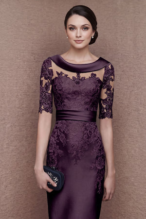 Lace-Sleeve Stretch Satin Sheath Mother of the Bride Dress