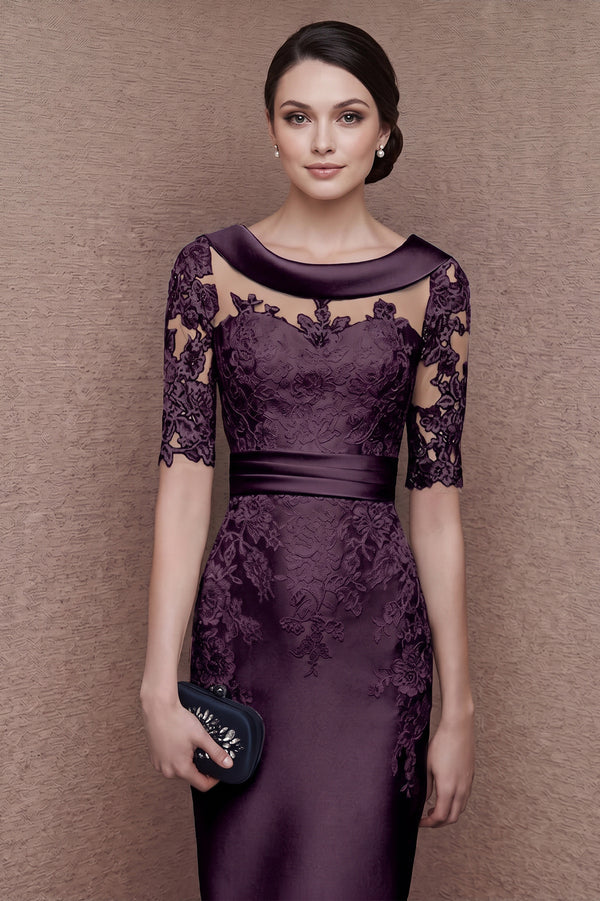 Lace-Sleeve Stretch Satin Sheath Mother of the Bride Dress