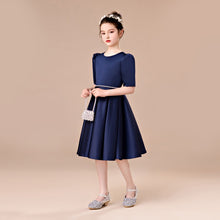 Short Sleeved Satin Modest Tea Length Dark Navy Flower Girl Dress