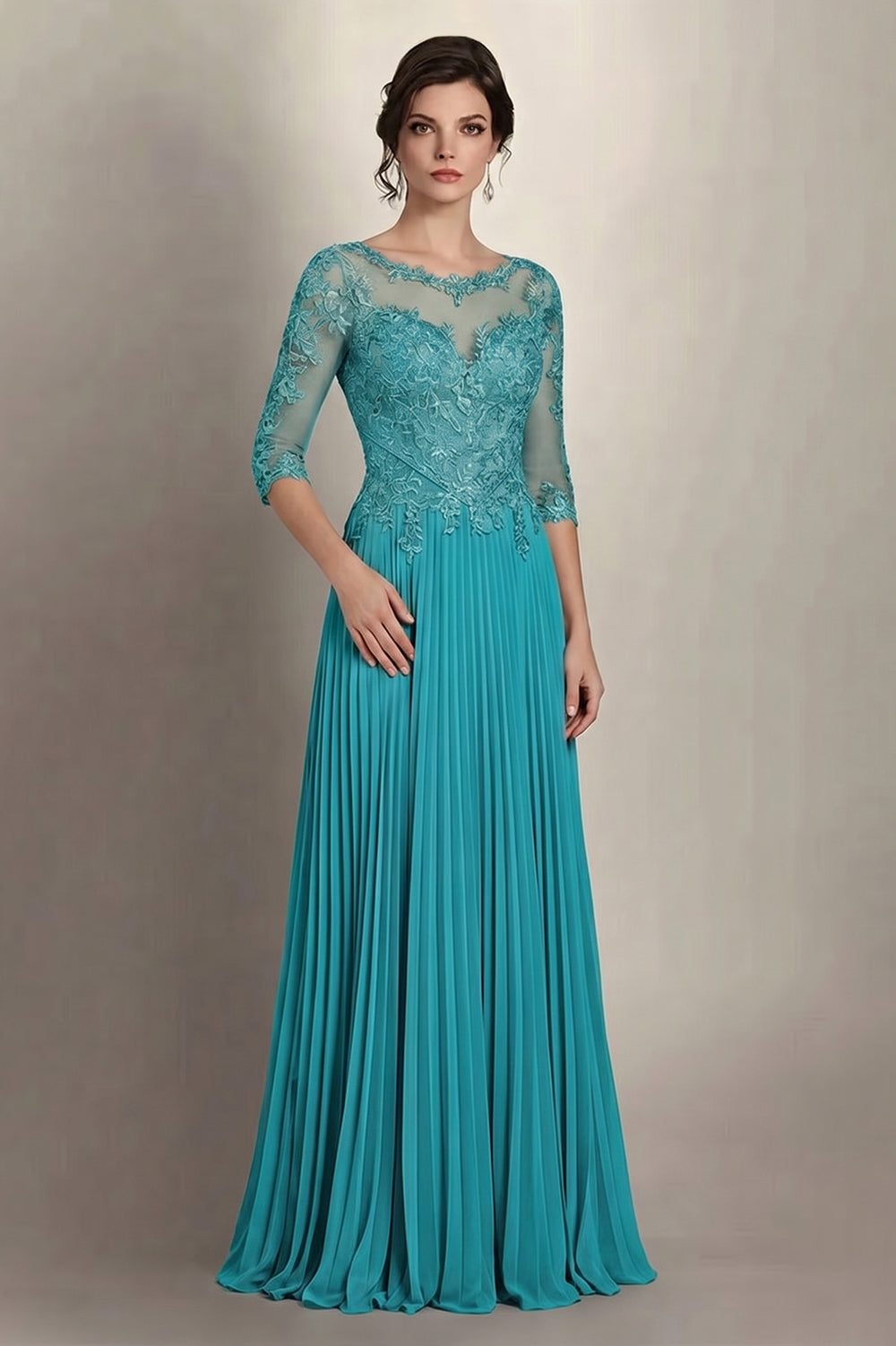 3/4-Sleeve Lace and Pleated Chiffon Mother of the Bride Gown