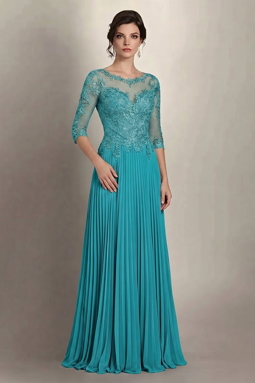 Aquamarine 3/4-Sleeve Lace and Pleated Chiffon Mother of the Bride Gown