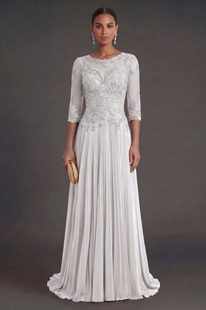 Half-Sleeve Lace and Pleated Chiffon Mother of the Bride Dress