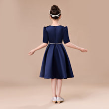 Short Sleeved Satin Modest Tea Length Dark Navy Flower Girl Dress