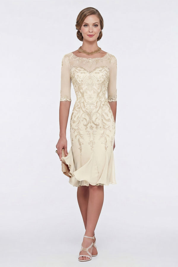 Half-Sleeve Lace Sheath Mother of the Bride Dress with Chiffon Ruffle Hem