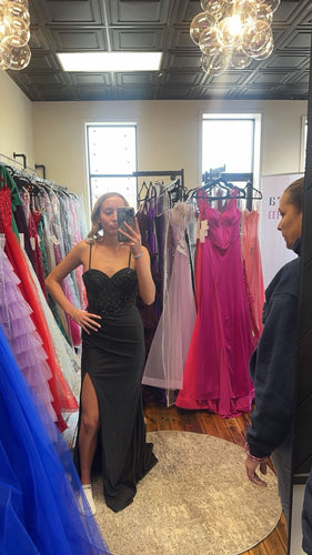 Thin Shoulder Strap Slit Black Satin Prom Dress