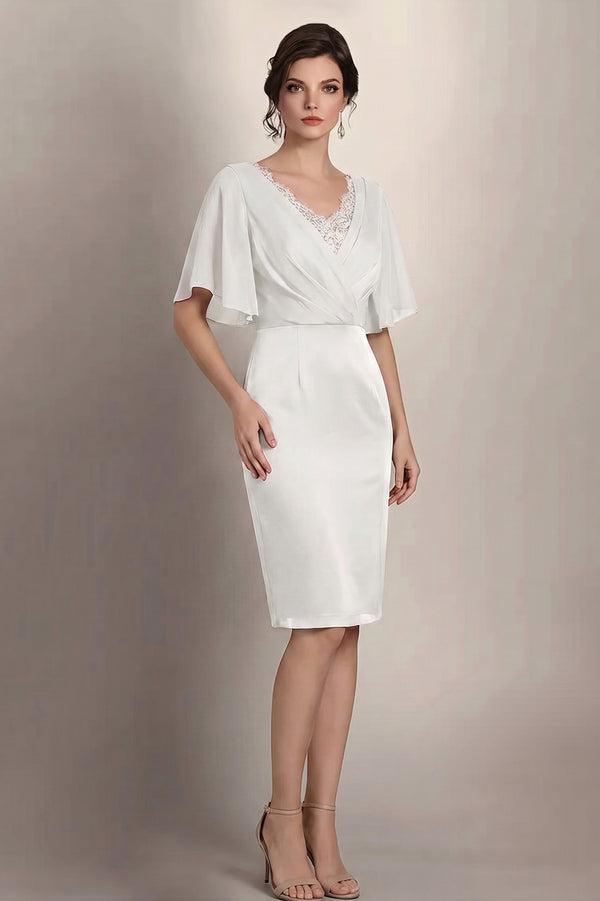 Flutter-Sleeve Lace-Inset Chiffon Sheath Mother of the Bride Dress