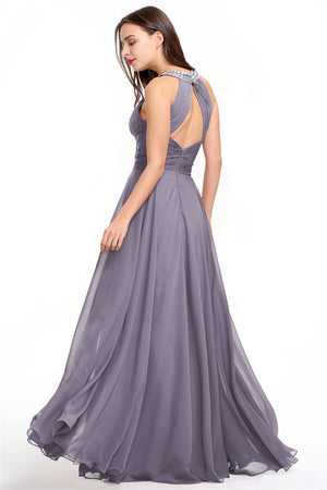Dusk Halter Chiffon A-Line Evening Dress with Keyhole Neckline