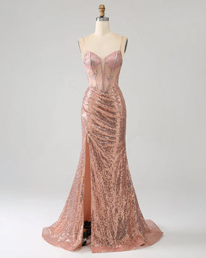 Rose Gold Lace-Up Sequin Corset Mermaid Prom Dress with High Slit
