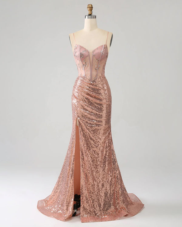 Rose Gold Lace-Up Sequin Corset Mermaid Prom Dress with High Slit