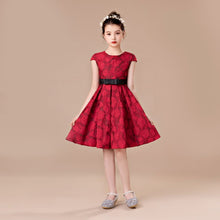 Red Lace Floral Embroidered Knee-Length Flower Girl Dress