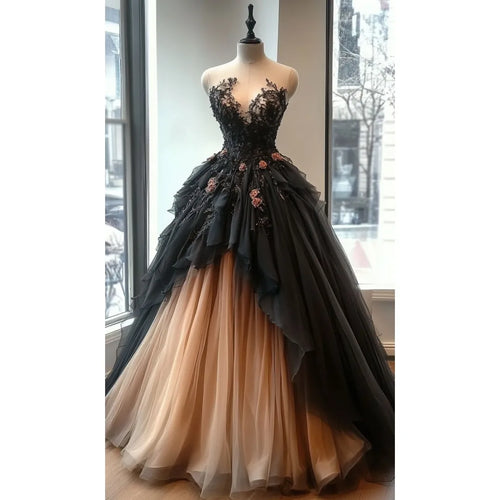 Heart-Shaped Neckline Lace Appliques Two Pieces Tulle Prom/Evening Dresses