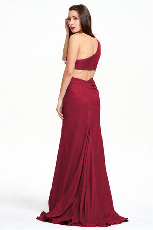 Burgundy One-Shoulder Stretch Satin Sheath Evening Gown with Ruffle Slit and Back Cutout