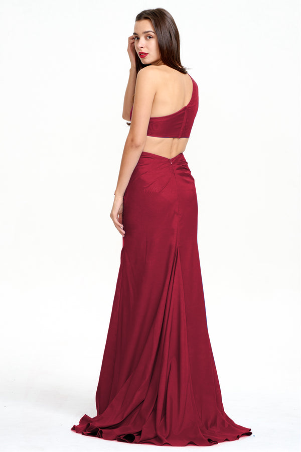 Burgundy One-Shoulder Stretch Satin Sheath Evening Gown with Ruffle Slit and Back Cutout
