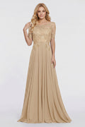 Champagne Illusion-Sleeve Lace and Chiffon A-Line Mother of the Bride Gown