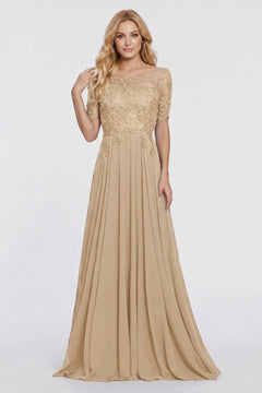 Champagne Illusion-Sleeve Lace and Chiffon A-Line Mother of the Bride Gown