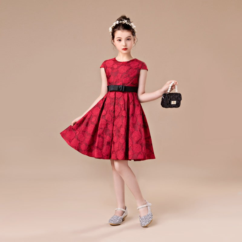 Red Lace Floral Embroidered Knee-Length Flower Girl Dress