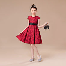 Red Lace Floral Embroidered Knee-Length Flower Girl Dress