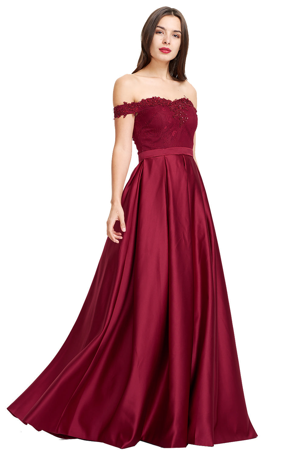 Pleated Off-the-Shoulder Lace and Satin A-Line Prom Dress