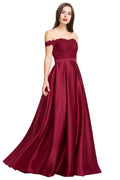 Burgundy Pleated Off-the-Shoulder Lace and Satin A-Line Prom Dress
