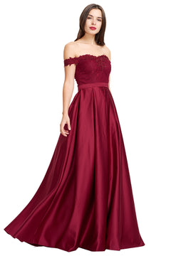 Burgundy Pleated Off-the-Shoulder Lace and Satin A-Line Prom Dress