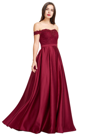 Burgundy Pleated Off-the-Shoulder Lace and Satin A-Line Prom Dress