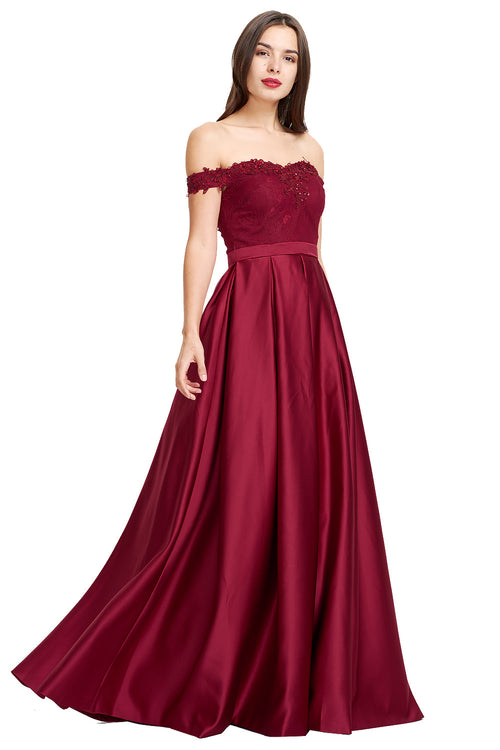 Burgundy Pleated Off-the-Shoulder Lace and Satin A-Line Prom Dress
