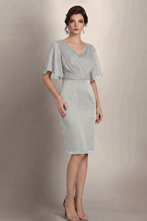 Flutter-Sleeve Lace-Inset Chiffon Sheath Mother of the Bride Dress