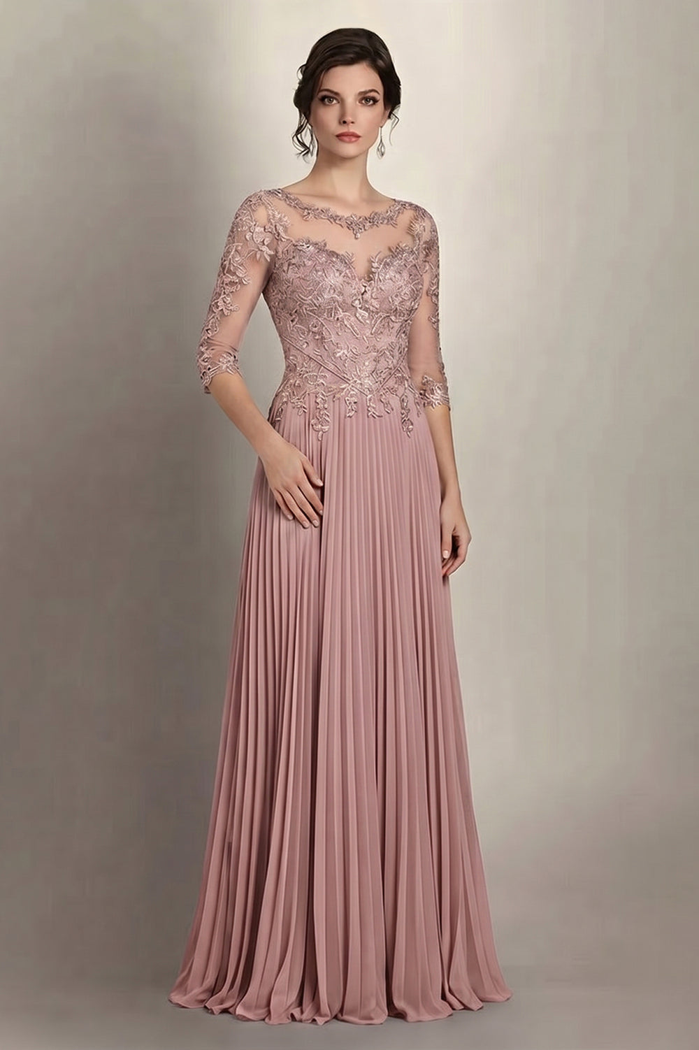 Dusty Rose 3/4-Sleeve Lace and Pleated Chiffon Mother of the Bride Gown