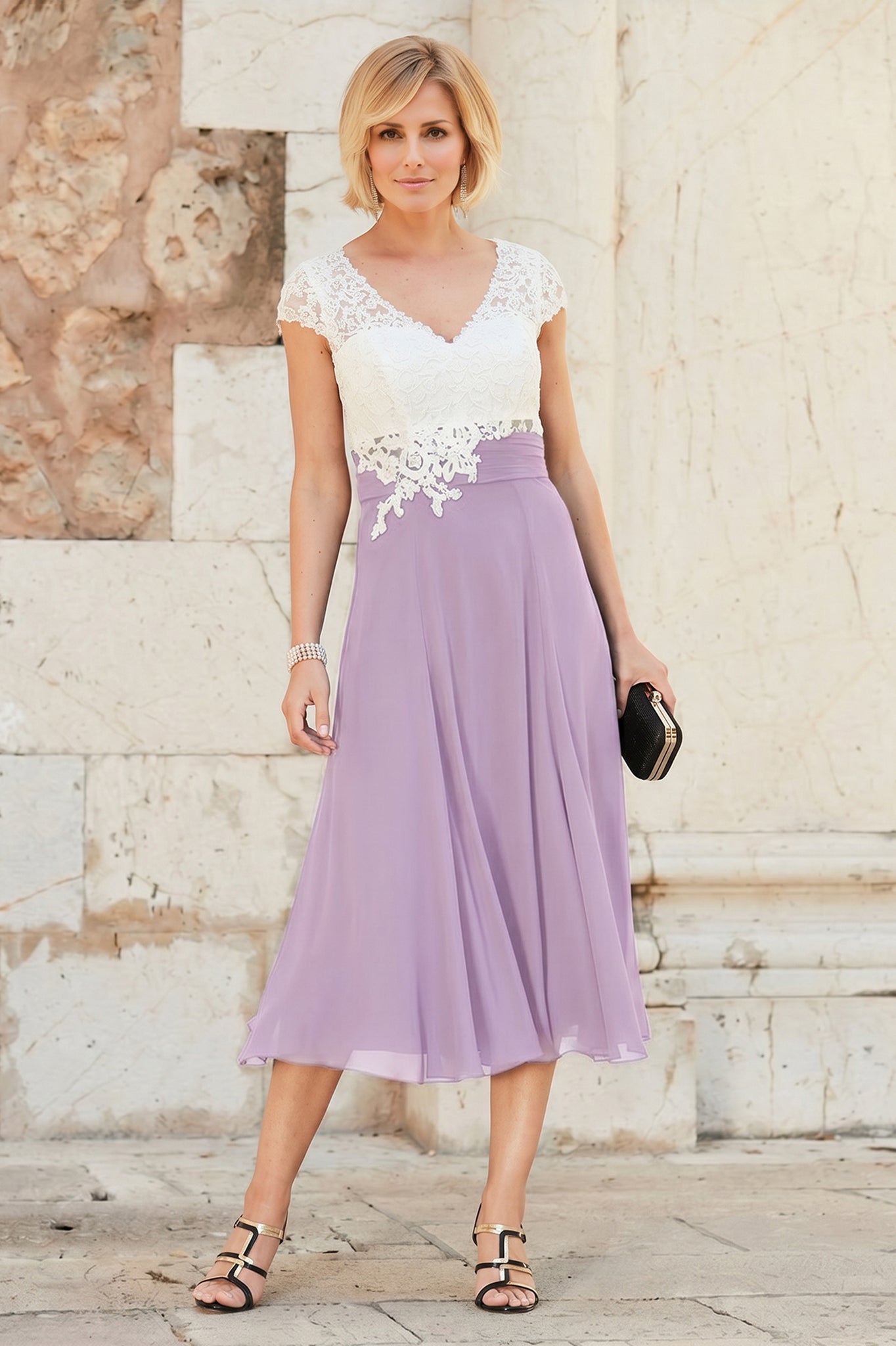 A-line V-neck Cap Sleeves Tea-length Chiffon Lace Mother of the Bride Angrila A-line V-neck Cap Sleeves Tea-length Chiffon Lace Mother of the Bride Angrila