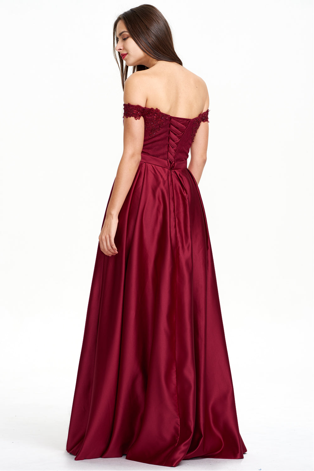 Pleated Off-the-Shoulder Lace and Satin A-Line Prom Dress