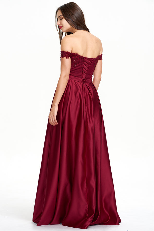 Burgundy Pleated Off-the-Shoulder Lace and Satin A-Line Prom Dress