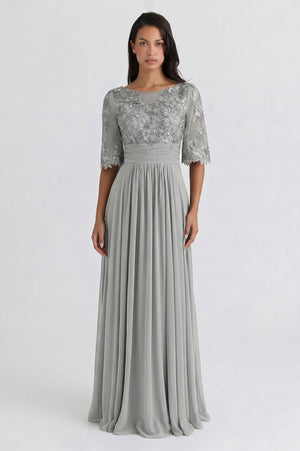 Bell-Sleeve Chiffon Mother of the Bride Dress with Lace Bodice