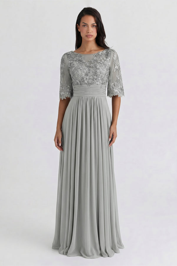 Bell-Sleeve Chiffon Mother of the Bride Dress with Lace Bodice
