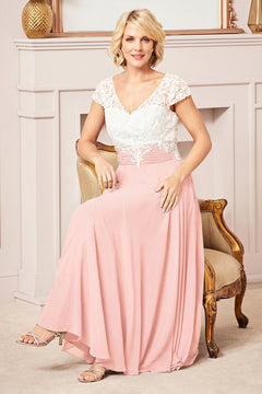 Ivory-Pearl Pink Cap-Sleeve Lace and Chiffon A-Line Mother of the Bride Dress