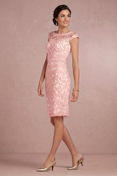 Pearl Pink Cap-Sleeve Illusion-Neck Lace Sheath Mother of the Bride Dress