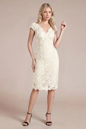 Scalloped-Hem Cap-Sleeve Lace Sheath Mother of the Bride Dress