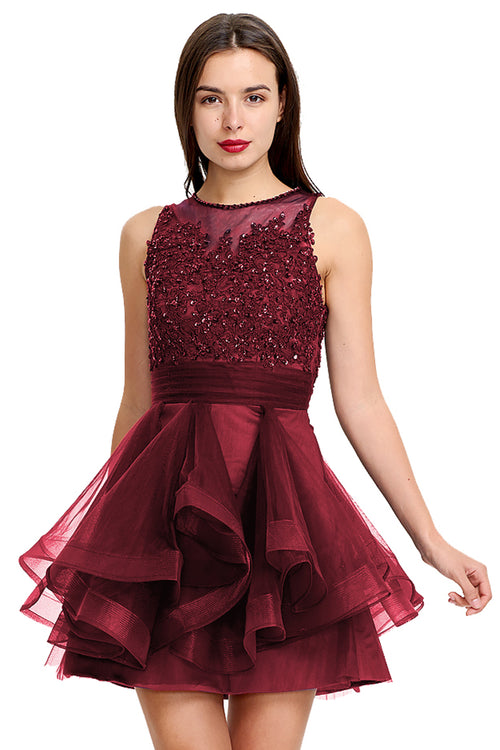 Burgundy Tiered Tulle A-Line Homecoming Dress with Illusion Lace Bodice