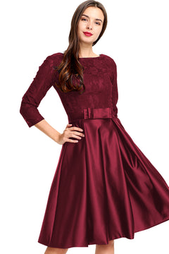 Burgundy 3/4-Sleeve Lace and Pleated Satin Homecoming Dress with Waist Bow