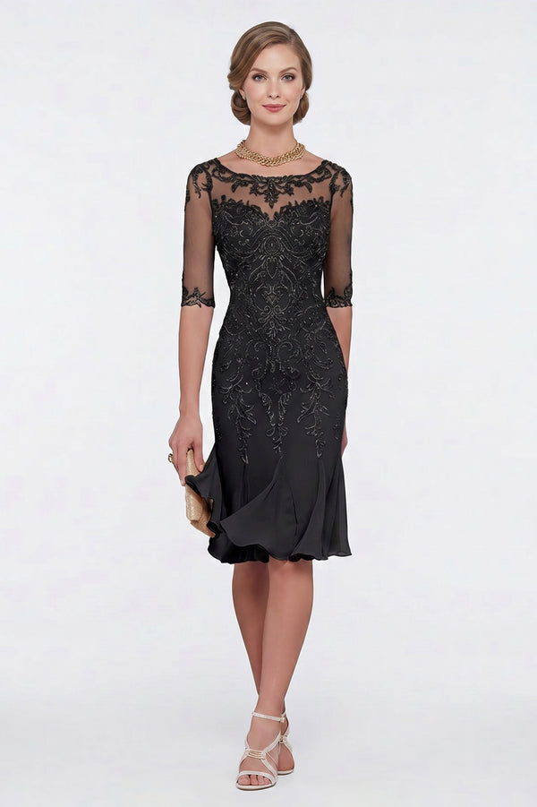 Half-Sleeve Lace Sheath Mother of the Bride Dress with Chiffon Ruffle Hem