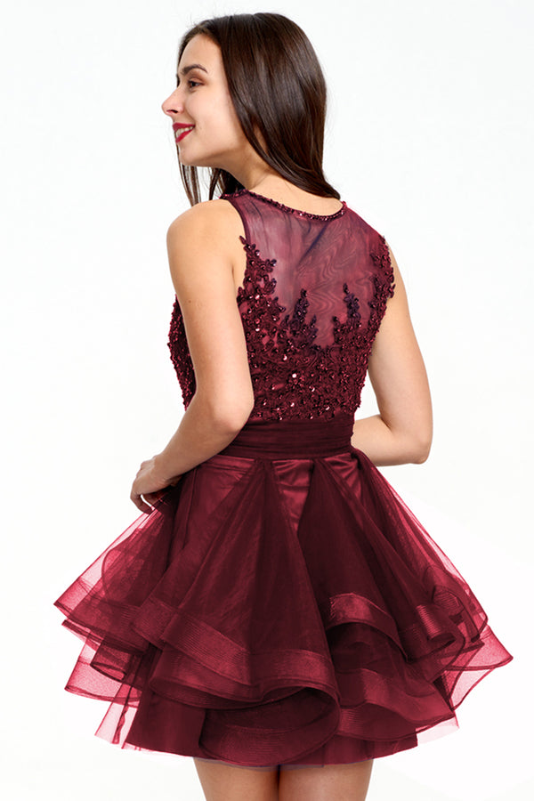 Burgundy Tiered Tulle A-Line Homecoming Dress with Illusion Lace Bodice