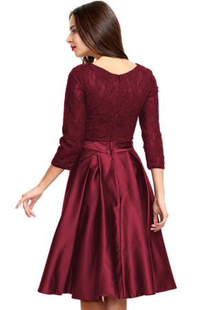 Burgundy 3/4-Sleeve Lace and Pleated Satin Homecoming Dress with Waist Bow