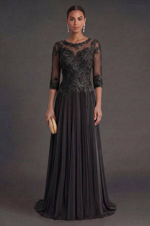 Half-Sleeve Lace and Pleated Chiffon Mother of the Bride Dress