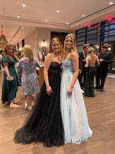 Black Tulle Strapless A-Line Long Prom Dresses With Appliques