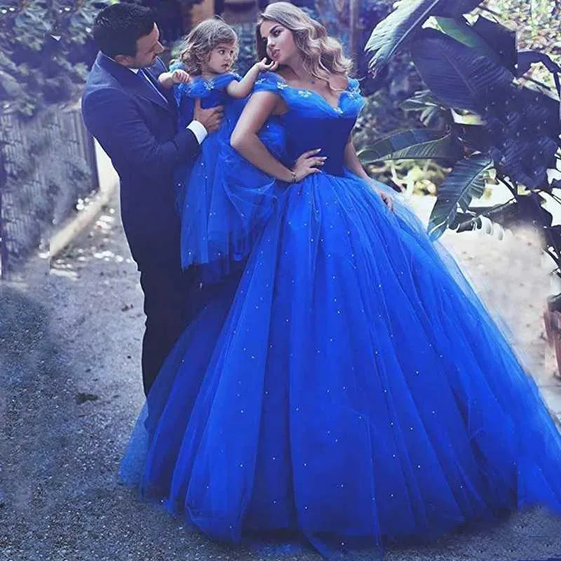 Off Shoulder Tulle Blue Flower Girls Dresses