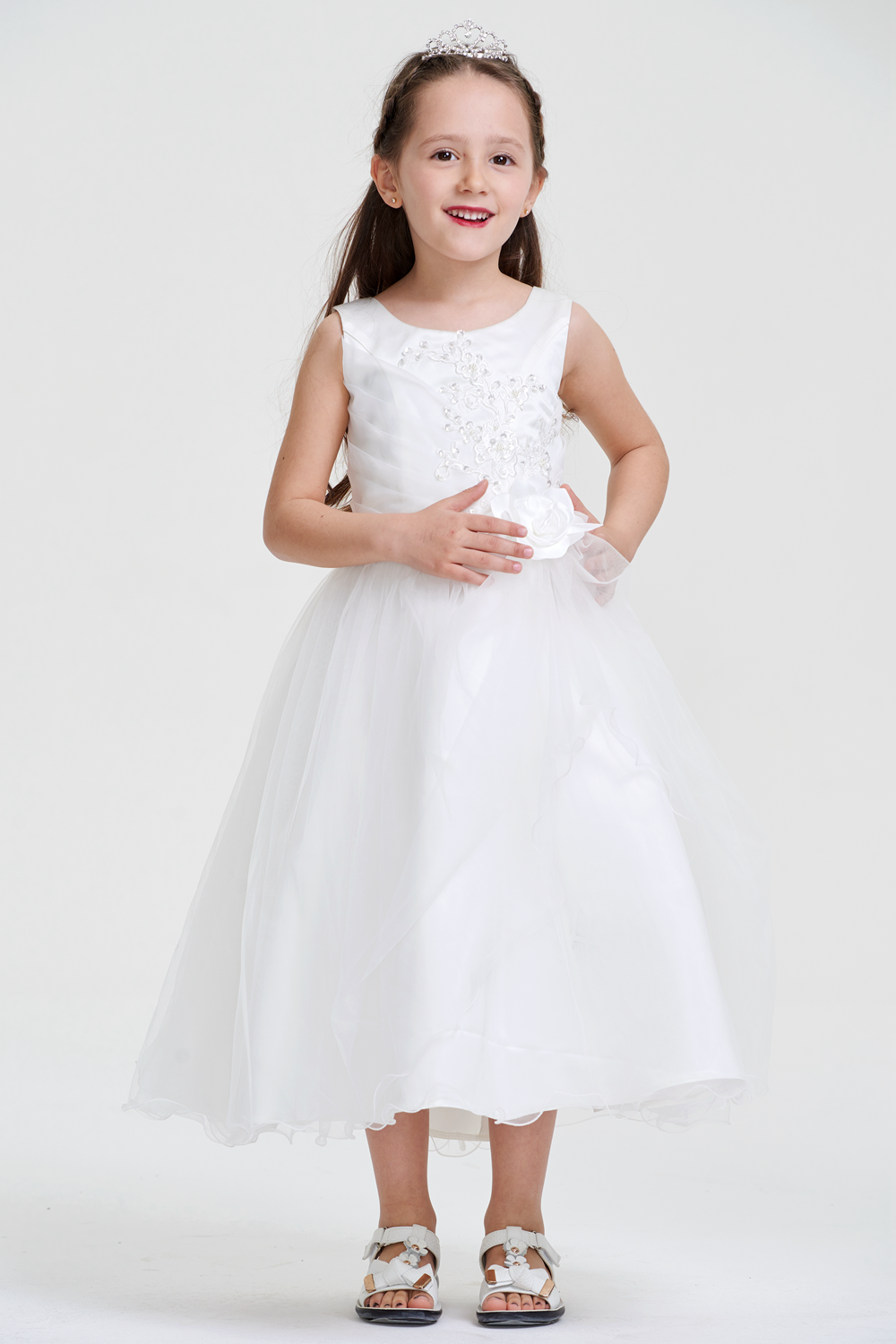 Satin and Organza A-Line Flower Girl Dress with Floral Appliques