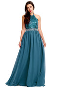 Open-Back Sequin and Chiffon Halter A-Line Evening Dress